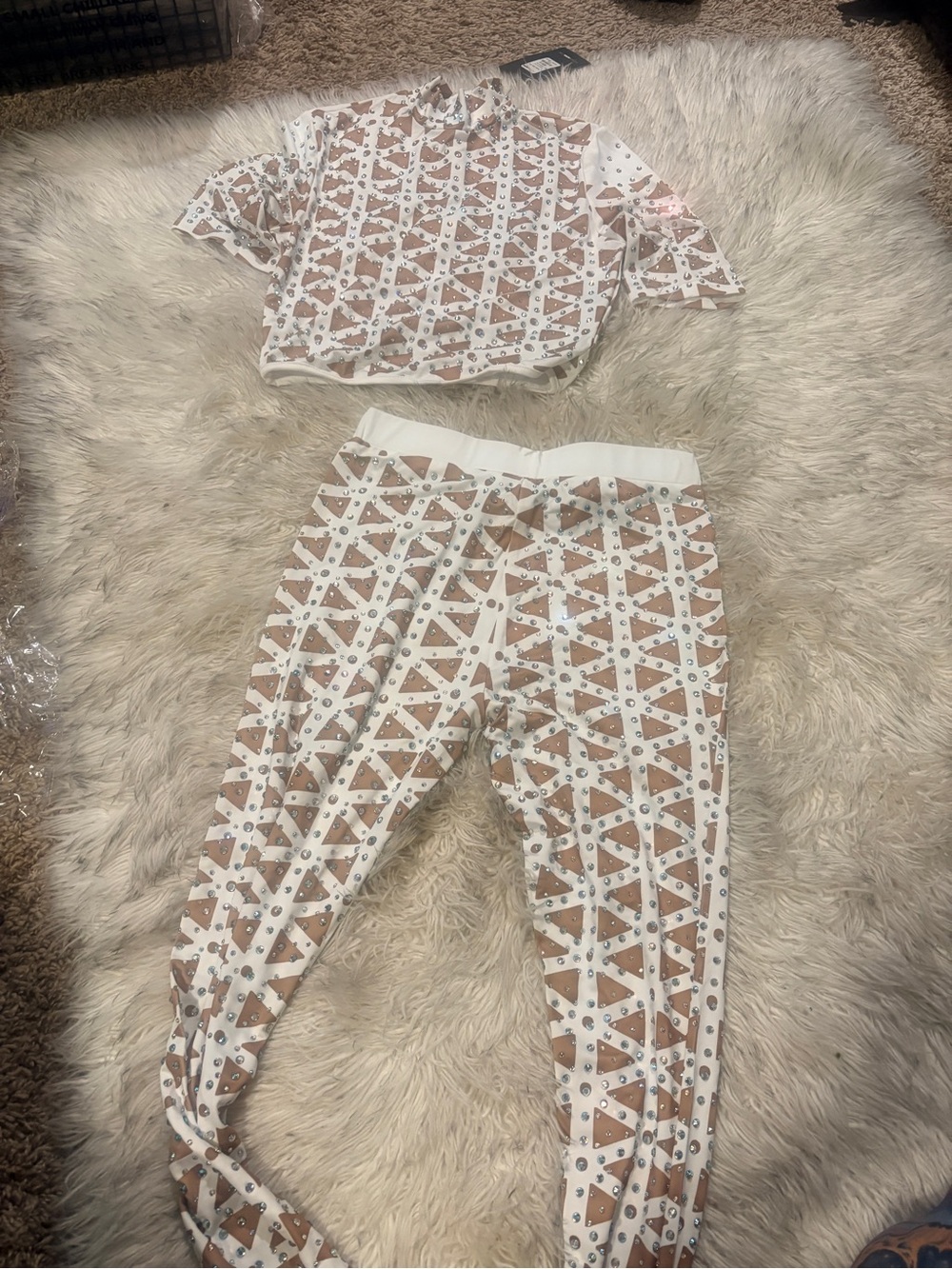 Fashion Nova White & Beige Rhinestone Triangle Crop Top